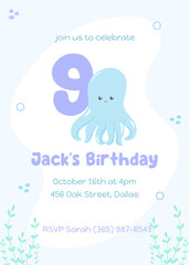 Sea life-inspired ninth birthday card for kids. Cute flat-style invitation featuring a smiling blue octopus in gentle tones.