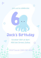 Under-the-sea adventure birthday invite. Playful sixth birthday card with a happy blue octopus in a soft blue and purple palette.