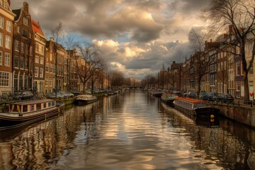 Naklejka premium Canal in amsterdam reflecting a cloudy sky at sunset with docked houseboats lining either side
