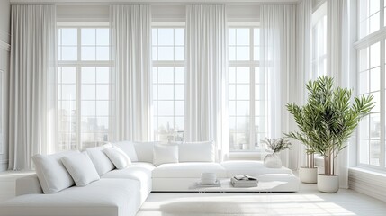 Exquisite white silk curtains with a subtle shine, hanging in a bright, elegant living room with large windows.