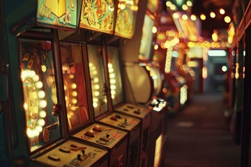 Row of classic arcade games are waiting for players at an amusement park