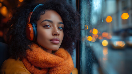 A non-binary person commuting on a city bus, looking out the window with headphones on, lost in thought, with copy space âno darkness