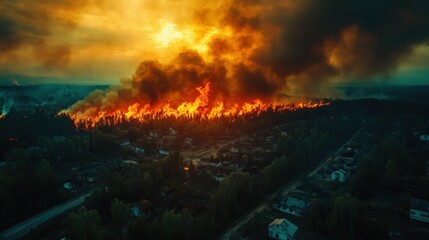 photo of a large fire in the suburbs. a lot of smoke top view.
