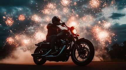 A motorcyclist rides against a backdrop of colorful fireworks lighting up the night sky during a summer celebration