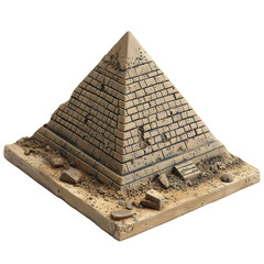 A detailed model of pyramid, showcasing weathered bricks and surrounding debris, evokes sense of ancient history and mystery. 