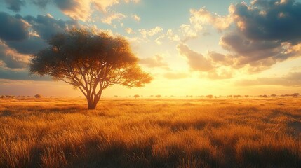Fototapeta premium Open Savannah Vistas with Acacia Trees and Soft Golden Horizon for Scenic Beauty
