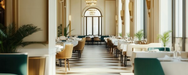 Fototapeta premium Elegant restaurant interior with stylish decor, large windows, and a calming atmosphere, perfect for dining and gatherings.