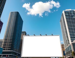 Obraz premium A blank billboard mockup placed in a bustling urban setting with tall buildings in the background, blue sky above, and a few fluffy white clouds create with ai