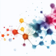 Fototapeta premium Abstract illustration of colorful molecular structures connected by lines and nodes, resembling a digital network or data visualization.