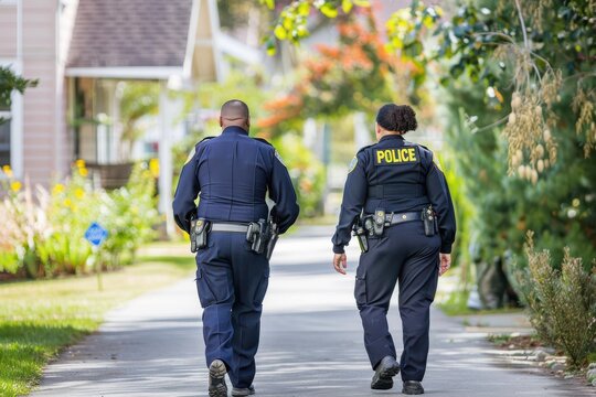 Two police officers walking in community Community policing - rear view of two multi-ethnic police officers patrolling a local neighborhood on foot. They are walking side by side. The African-American