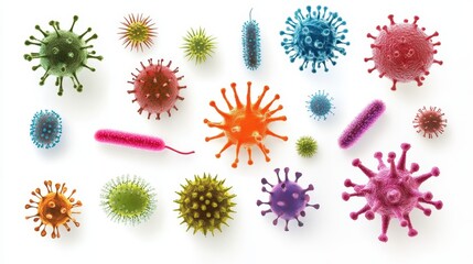 This visual displays a diverse array of colorful pathogens arranged artistically, highlighting their unique shapes and forms