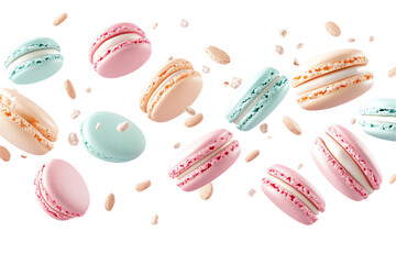 Floating Pastel Macarons and Sprinkles on White