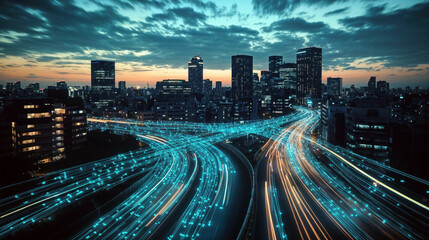 Smart city concept illustrated by light trails forming data streams in a city at dusk