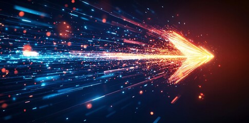 A colorful arrow made of glowing light beams, pointing right at the center on a black background he arrow forms an elegant and dynamic shape with a sense of motion and speed