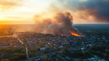 Fototapeta premium photo of a large fire in the suburbs. a lot of smoke top view.