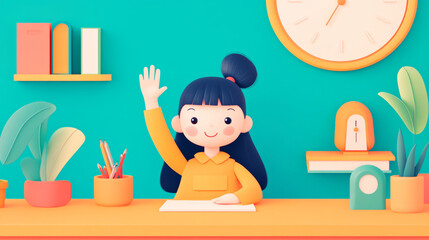 a cute child raising their hand to ask a question, sitting by a desk in school, flat illustration