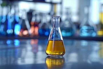 Erlenmeyer flask containing orange liquid sitting on table in laboratory with other laboratory glassware out of focus in background