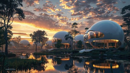 Obraz premium futuristic bubble like buildings by a pond at sunset