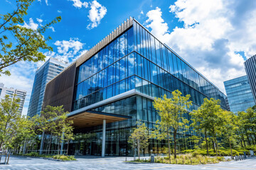 Modern glass office building with reflections of trees and blue sky with clouds on a sunny day