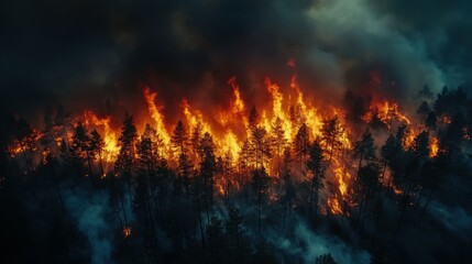 incredible photo of the forest after a big forest fire. black burnt trees. top view.