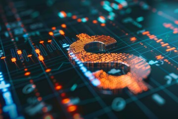 Fototapeta premium Glowing dollar sign made of binary code is appearing on a digital circuit board