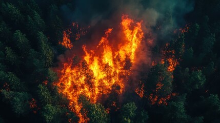Fototapeta premium incredible photo of the forest after a big forest fire. black burnt trees. top view.
