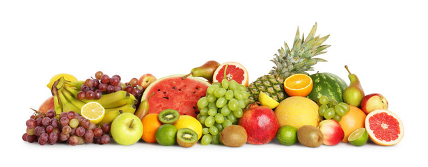 Many fresh ripe fruits isolated on white