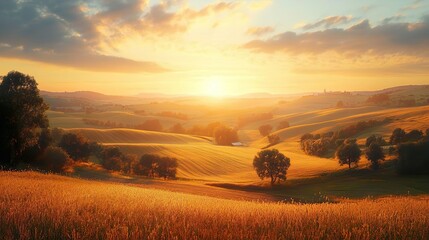 Fototapeta premium Beautiful Golden Hour Landscapes Showcasing Sunlit Fields and Soft Warm Hues for Scenic Appeal