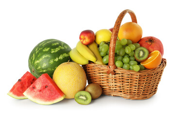 Many fresh ripe fruits in basket isolated on white