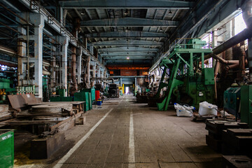 Heavy mechanical engineering factory production line. Interior of workshop