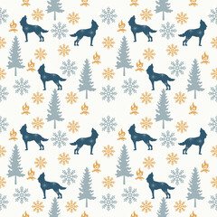 Wolf seamless pattern silhouette style with trees and snowflakes
