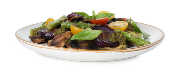 Delicious salad with grilled vegetables isolated on white