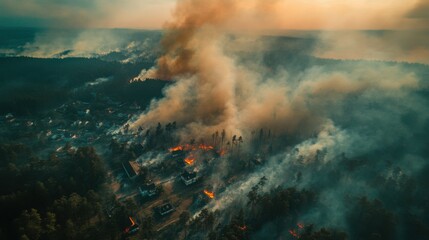 Fototapeta premium photo of a large fire in the suburbs. a lot of smoke top view.