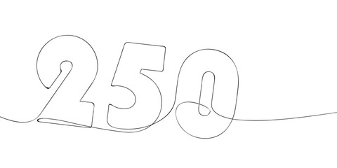 A single line drawing of a two hundred and fifty symbol. Continuous line two hundred and fiftieth number icon. One line icon. Vector illustration.