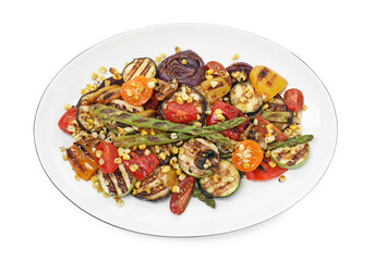 Delicious salad with grilled vegetables isolated on white