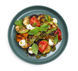 Delicious salad with grilled vegetables isolated on white, top view