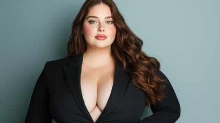 Fototapeta premium A plus-size woman posing confidently in a business suit, ready to take on the world with poise and grace, copy space