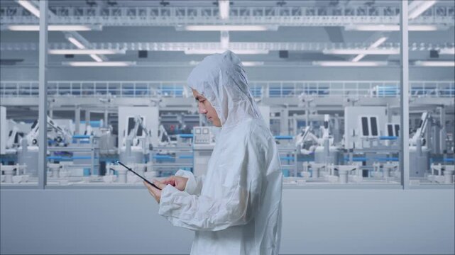 Side View Of Asian Male Scientist Using A Tablet While Standing In Modern Lab Factory with Automated Robots