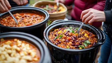 Friends having a potluck with crockpots of soup and chili