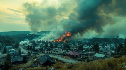 Fototapeta premium photo of a large fire in the suburbs. a lot of smoke top view.