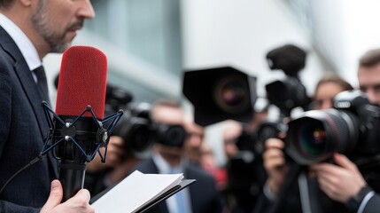 A press conference with microphones, cameras, and reporters taking notes as a speaker addresses the media