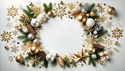 Elegant Gold and White Christmas Border Background with Snowflakes and Baubles - Festive Holiday Frame for Seasonal Designs, Invitations, and Celebration Backgrounds