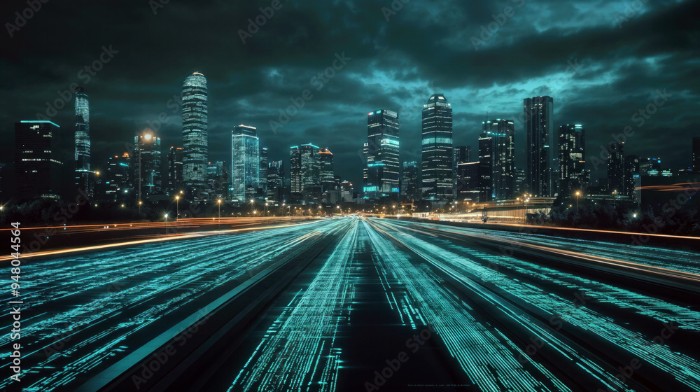 Poster digital data flowing on highway leading to large city skyline at night, concept for information tech