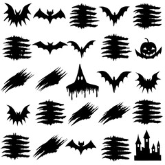 Silhouettes of bats, ghosts, pumpkins, and castles on white
