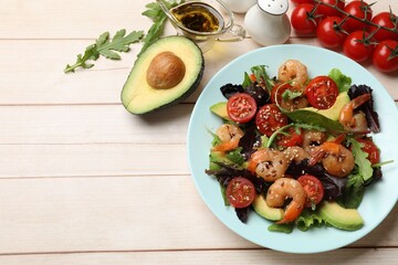Delicious shrimp salad and ingredients on white wooden table, flat lay. Space for text