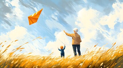 Grandparent and grandchild flying a kite on a breezy day