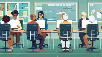 Group of senior people attending computer and technology education class.