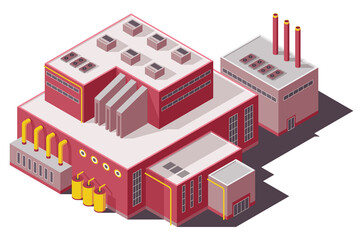 Factory isometric. Industrial bulding. Concept of industrial plant with chimney tower or pipes. 3d isolated icon. Architecture of manufacture house. cartoon illustration