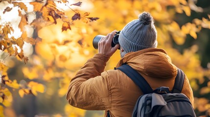 Birdwatcher with binoculars observing autumn migrations