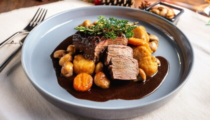 Fototapeta premium Wild boar fillet with juniper berry jus, accompanied by pumpkin gnocchi and fried chanterelles